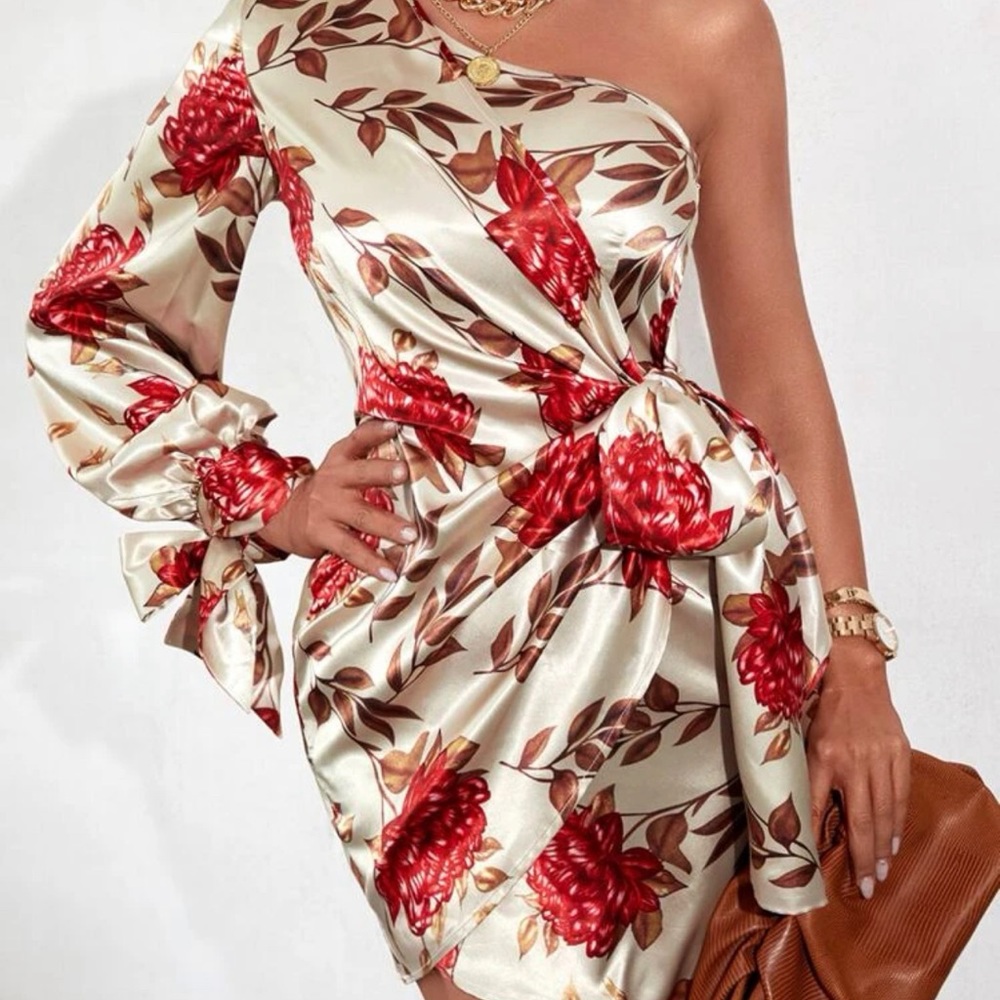 One-Shoulder Floral Satin Dress in Cream and Red